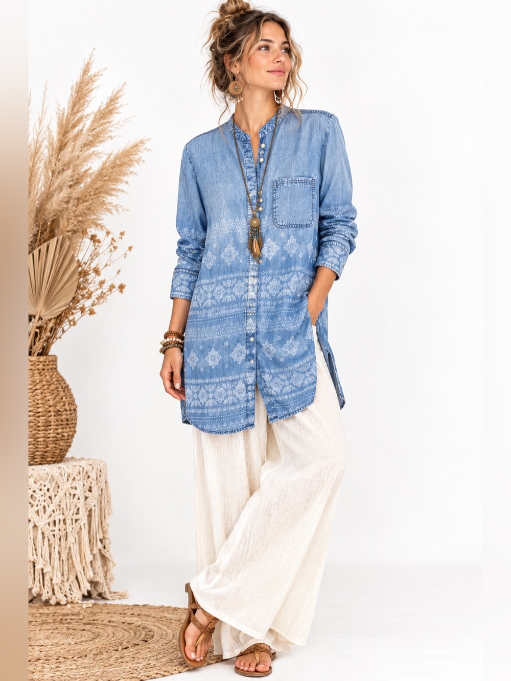 JACHS Girlfriend Light Blue Printed Denim Tunic Jacket shirt Tencel XL long